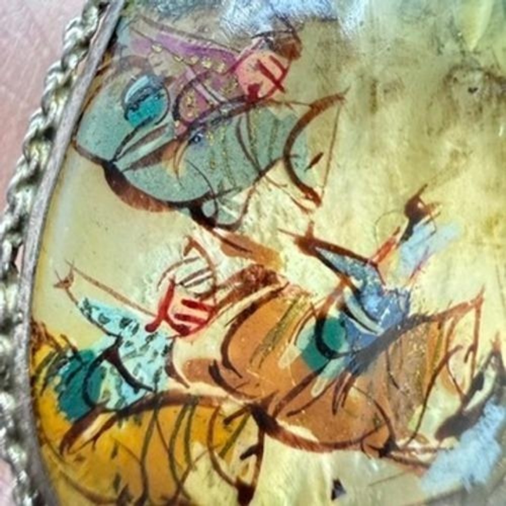 Vintage Persian Mother of Pearl Pendant Necklace Hand Painted Reversible 20" - Picture 7 of 13